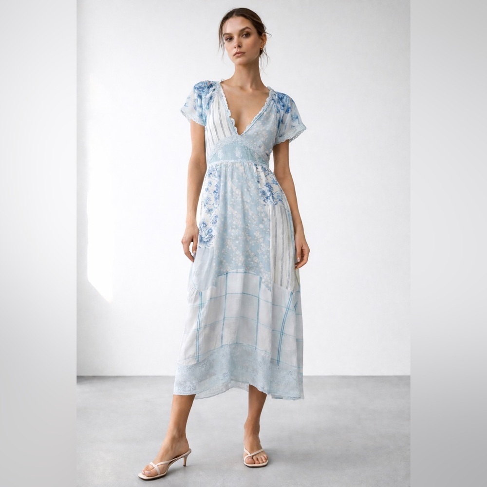 LoveShackFancy Tula silk patchwork midi dress with puff sleeve, lace trim. Sz 0